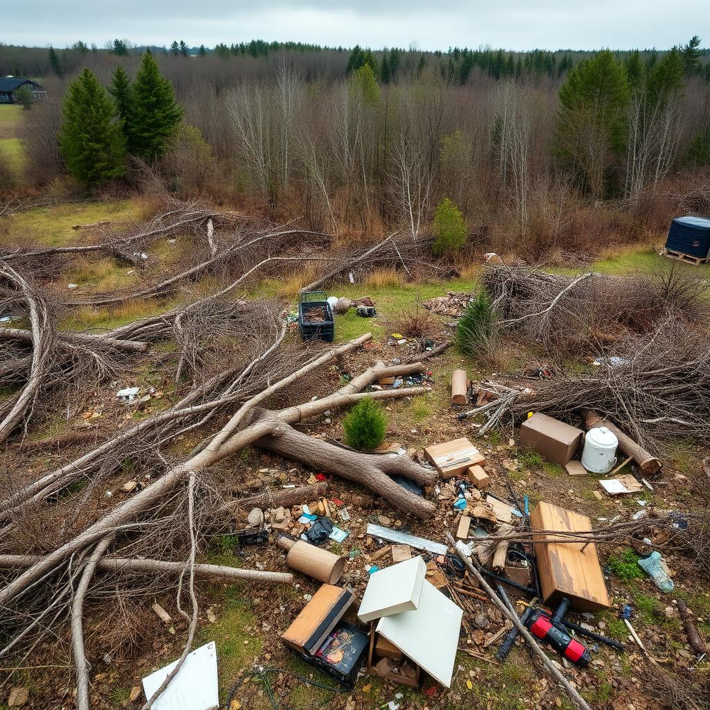Cluttered property with fallen trees and debris before clean up