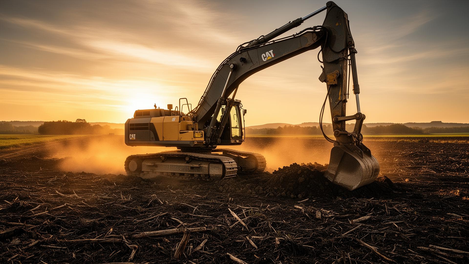Excavator clearing rural land at sunset