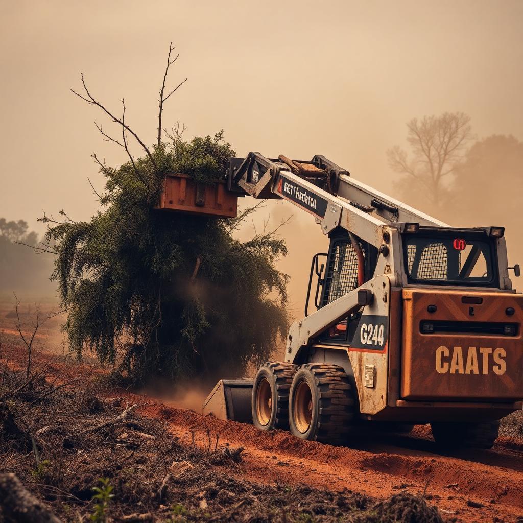 Skid steer clearing trees and brush from rural land